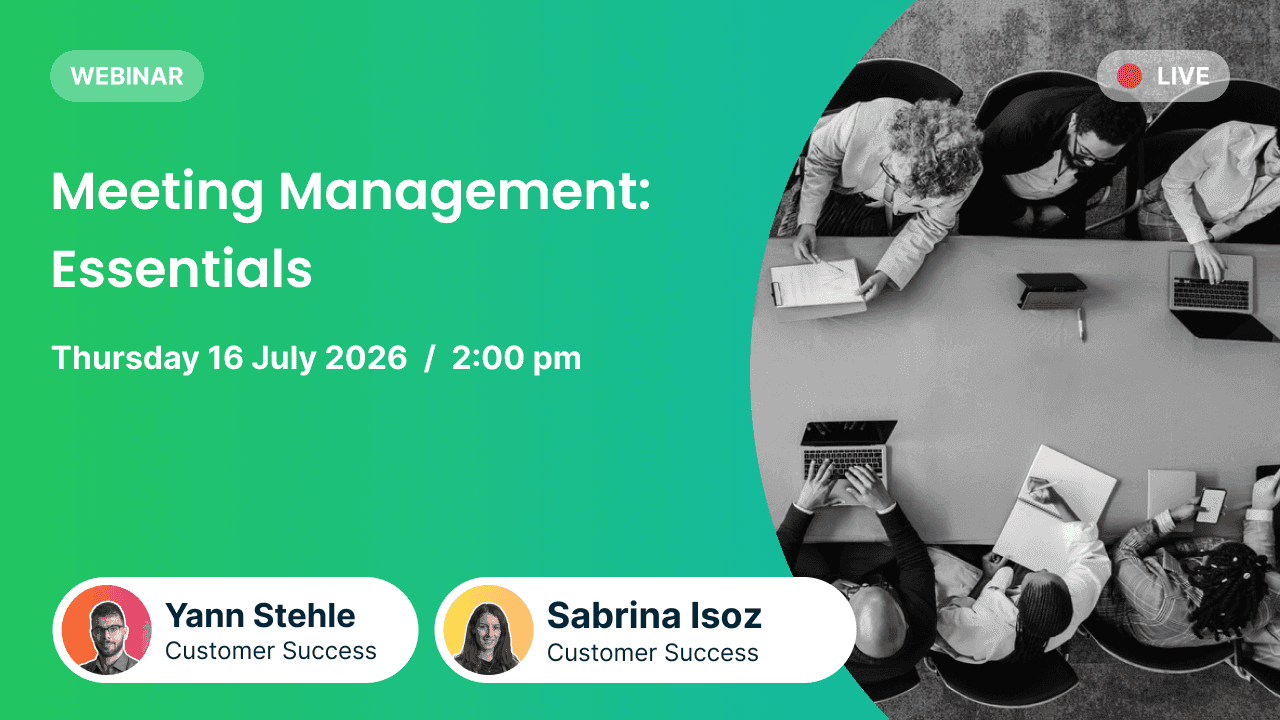 A promotional banner for a webinar titled "Sitzungsmanagement: Grundlagen", scheduled for Thursday, July 16, 2026 at 9:00 AM. The banner has a two-tone design: a gradient green side with the text and two speakers, Yann Stehle and Sabrina Isoz, both in "Customer Success", and a black and white side showing a bird's-eye view of a business meeting around a table, with "WEBINAR" and "LIVE" tags.