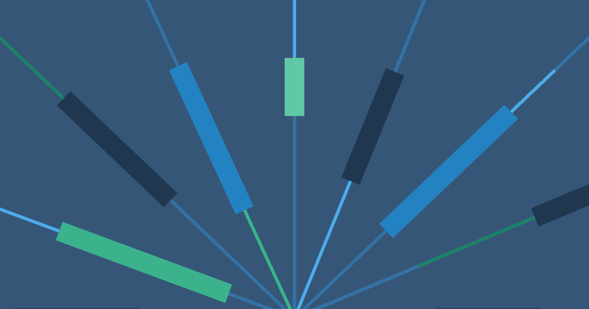 Abstract geometric illustration featuring colorful bars and lines radiating outward from the bottom center against a dark blue background.