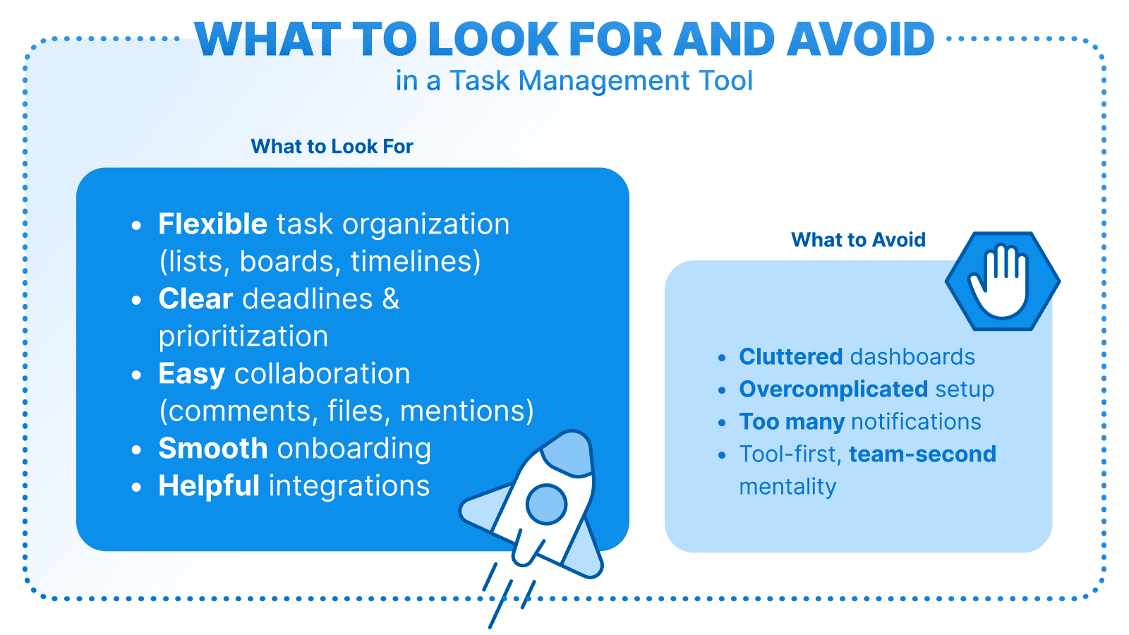 Visual comparison of what to look for versus what to avoid in a task management tool. Highlights must-have features like flexible task organization, clear priorities, easy collaboration, smooth onboarding, and reliable integrations. Contrasts with common pitfalls such as cluttered dashboards, overly complex setup, excessive notifications, and poor team fit.
