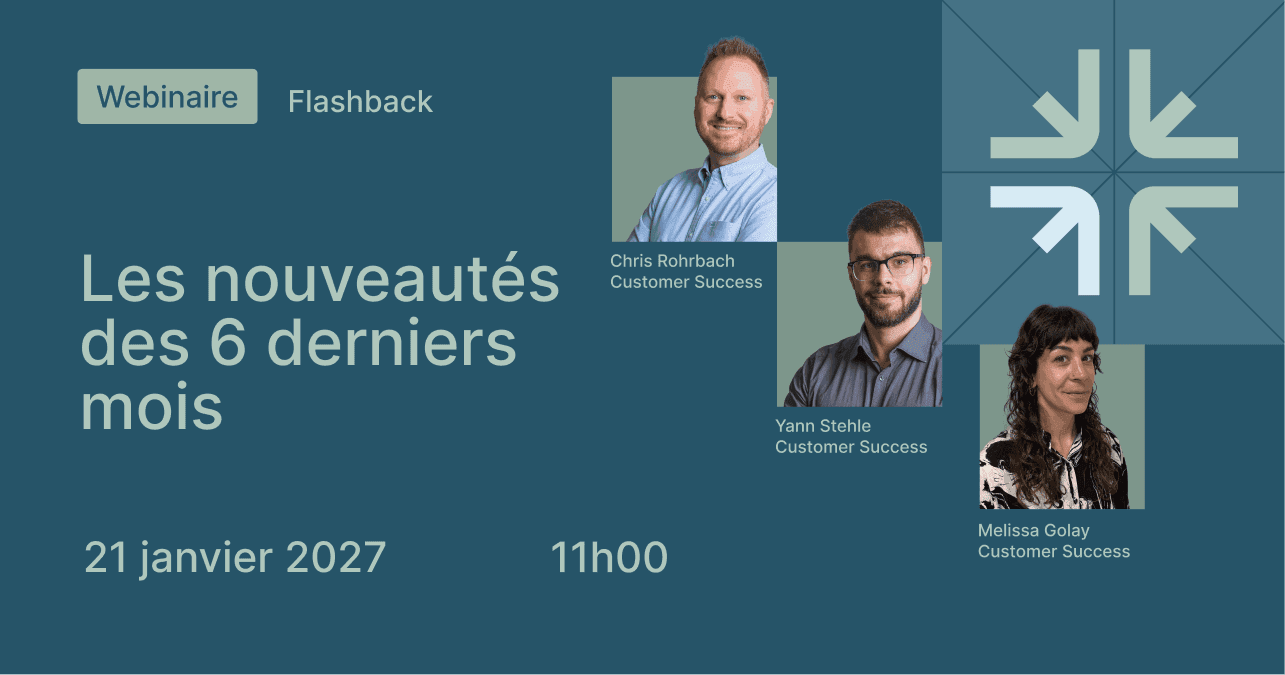 Visuel du webinaire WEDO « Flashback : Les nouveautés des 6 derniers mois », le 21 janvier 2027 à 11h00. Présenté par Chris Rohrbach, Yann Stehle et Melissa Golay, Customer Success.