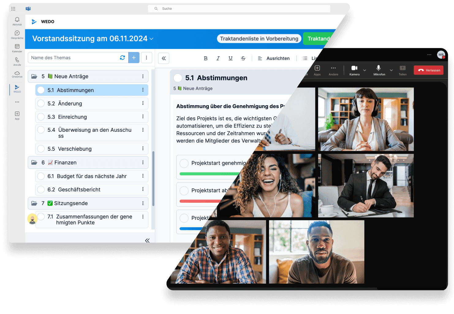 WEDO in Microsoft Teams zeigt eine Vorstandssitzung mit digitaler Traktandenliste und Videokonferenz mit Teilnehmenden.