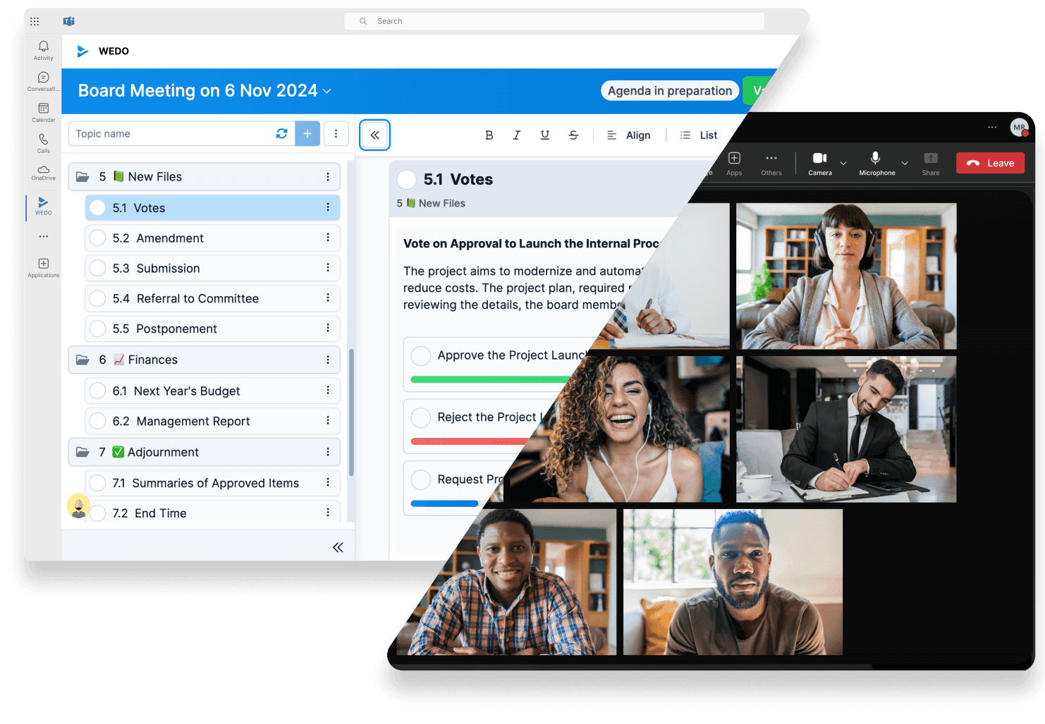 WEDO app interface inside Microsoft Teams with meeting agenda and live video conference view.