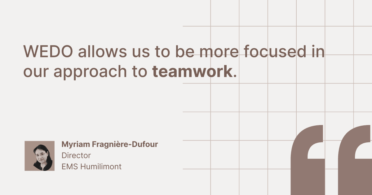 Customer testimonial graphic featuring Myriam Fragnière-Dufour, Director at EMS Humilimont: "WEDO allows us to be more focused in our approach to teamwork."