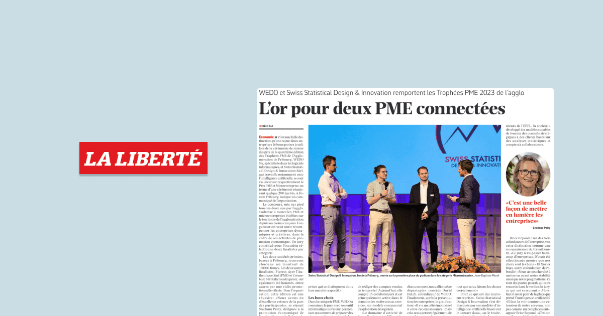 Newspaper article from La Liberté titled "L'or pour deux PME connectées" covering WEDO's win at the Trophées PME 2023.