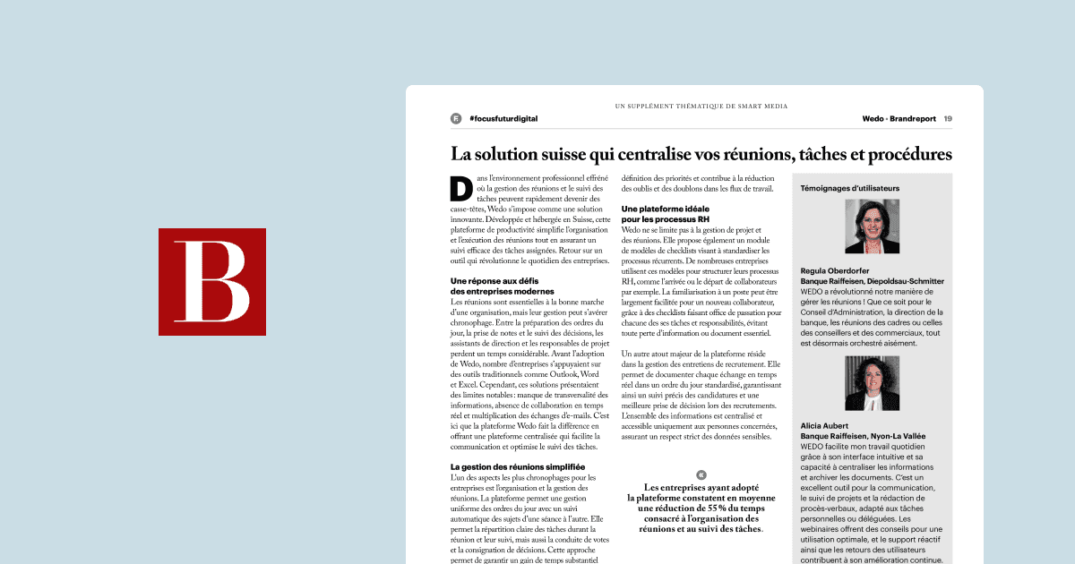 Brand report from Bilan titled "La solution suisse qui centralise vos réunions, tâches et procédures" detailing WEDO's software solutions.