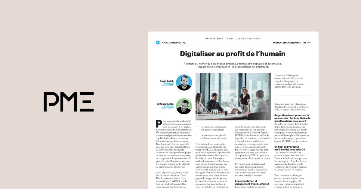 Article from PME titled "Digitaliser au profit de l'humain" discussing WEDO's founders and software impact.
