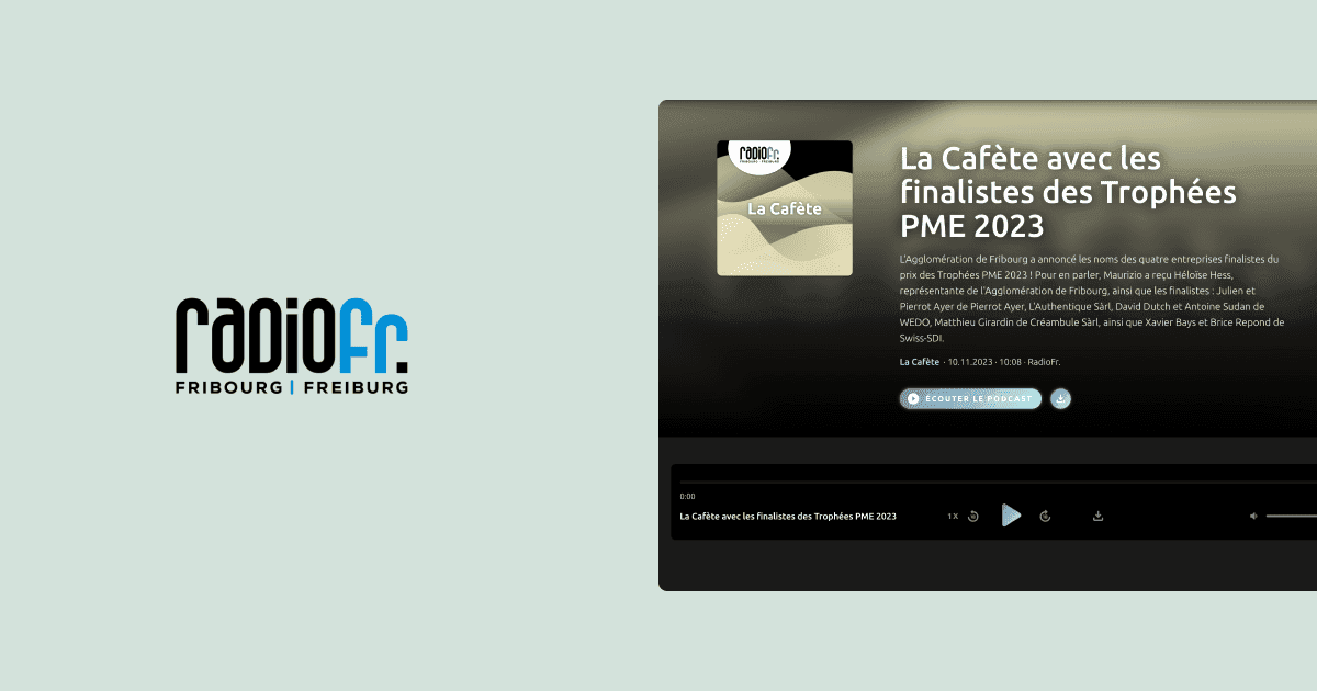 Podcast entry from RadioFr. titled "La Cafète avec les finalistes des Trophées PME 2023" featuring WEDO.