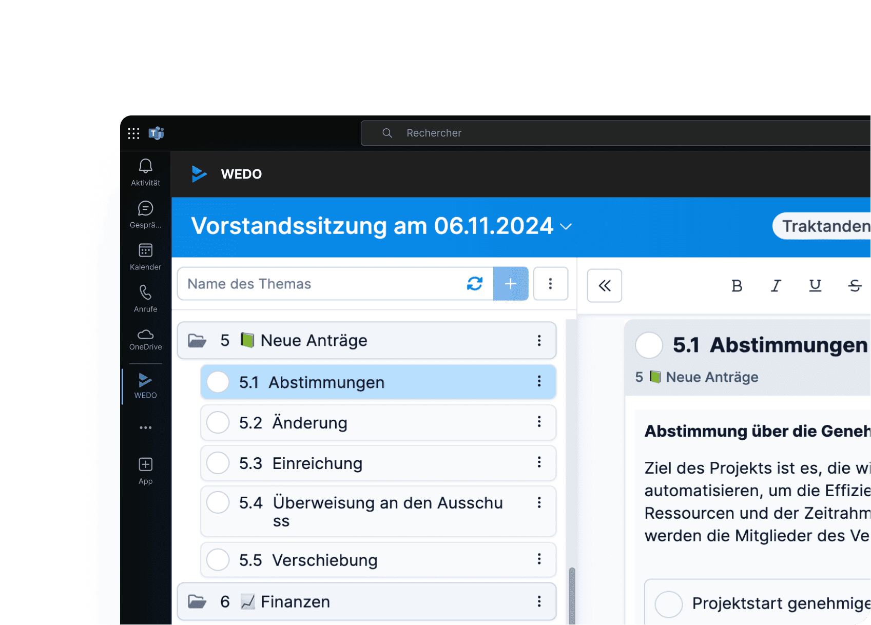 WEDO in Microsoft Teams zeigt eine digitale Traktandenliste für eine Vorstandssitzung mit integrierter Videokonferenz.