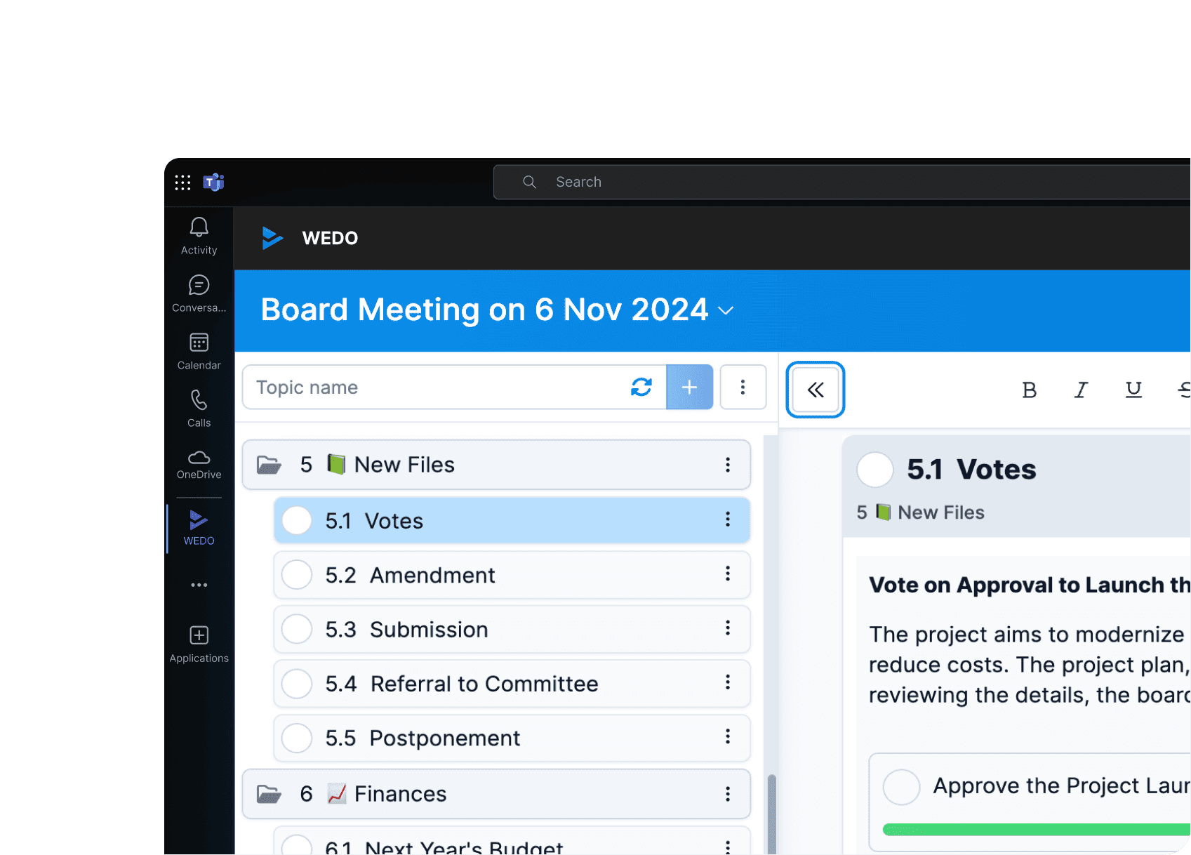 WEDO app displayed inside Microsoft Teams showing a board meeting agenda and live collaboration interface.
