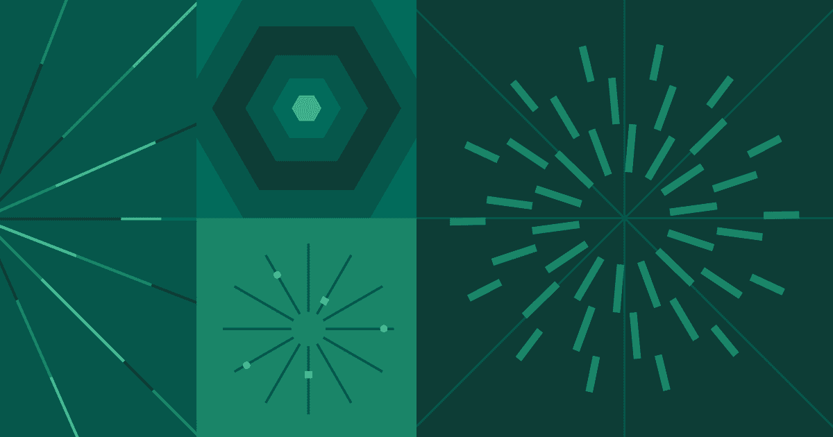Abstract teal grid graphic featuring geometric patterns, including concentric hexagons, radial lines, and a starburst design on a dark green background.