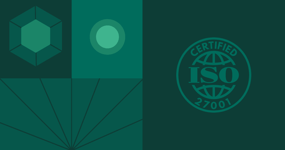 Dark green graphic displaying geometric shapes alongside a circular "CERTIFIED ISO 27001" seal with a central globe icon.