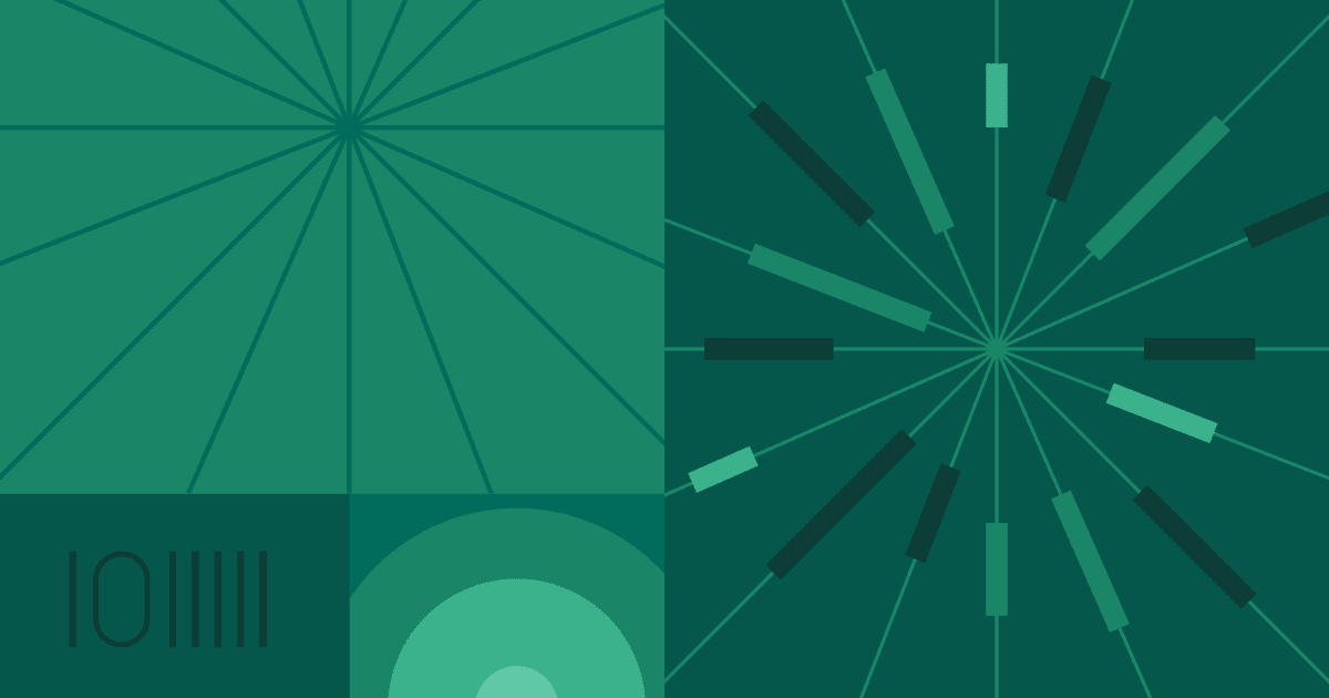 Abstract geometric composite image with teal radial fan patterns, a starburst burst of lines, concentric circles, and binary-like vertical bar markings.