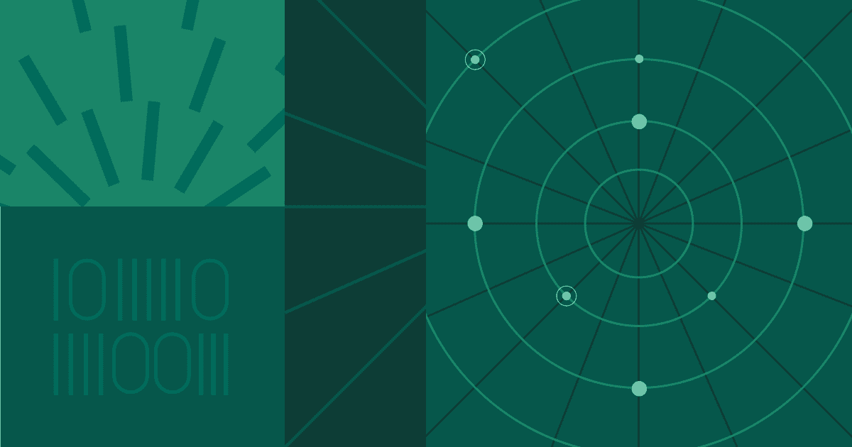 Teal geometric panel featuring binary-like figures, radiating lines, and a radar-style circular graphic with data points.