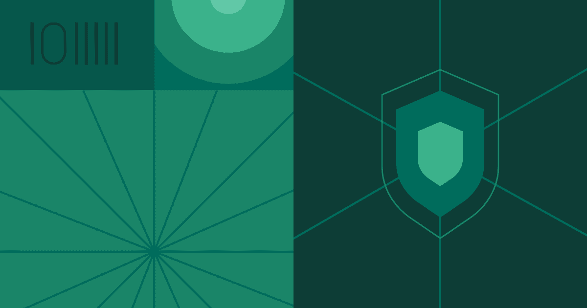 Dark green abstract panel showing a central shield icon superimposed over hexagonal grid lines alongside geometric ray patterns.
