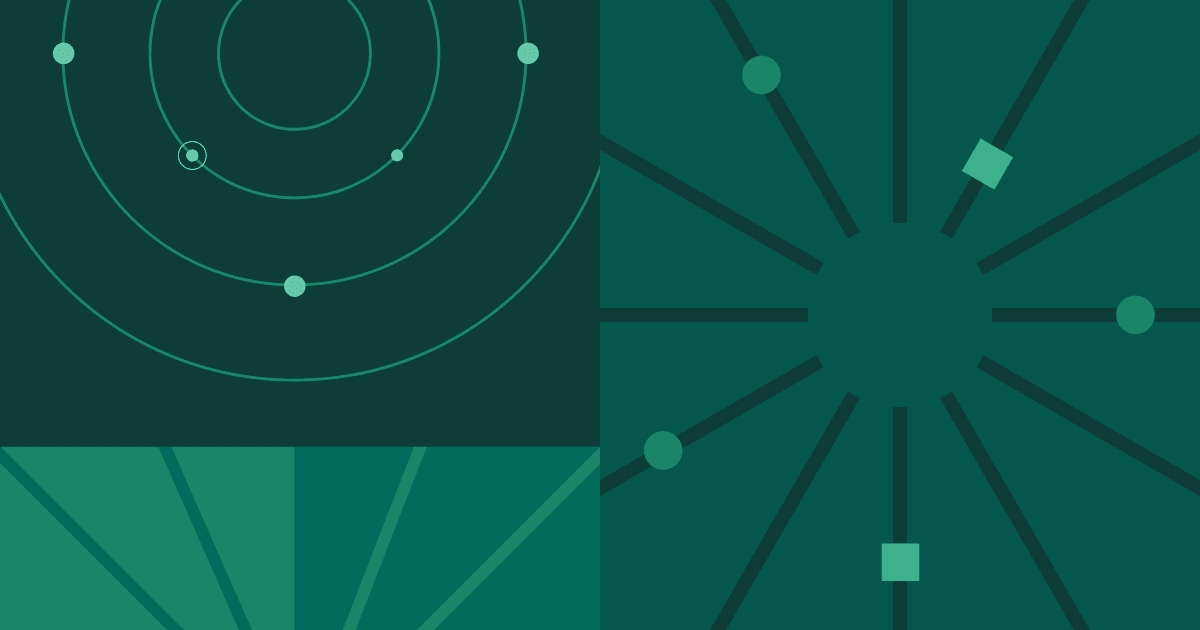 Teal and dark green graphic grid featuring concentric circular radar lines with marked nodes and a radial starburst design.
