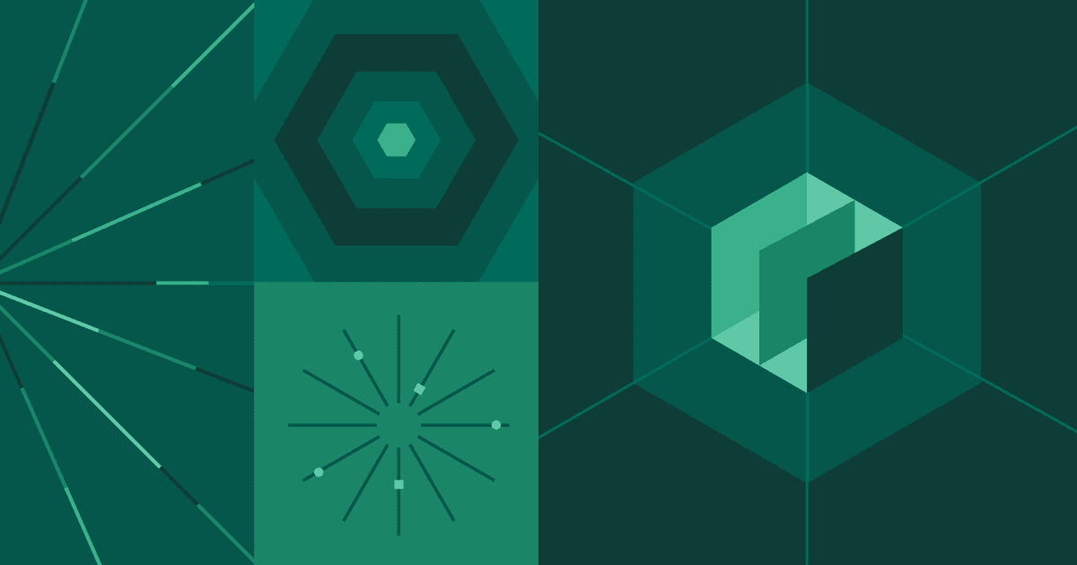 Geometric abstract artwork displaying layered hexagons, radial fan lines, and a 3D isometric cube structure in shades of green.