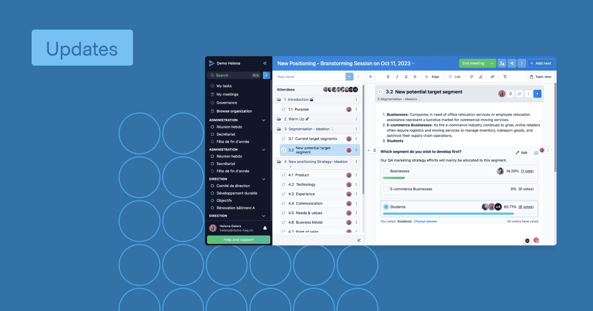 Interface overview of the WEDO workspace platform displaying meeting agenda topics, notes, and interactive polling options.