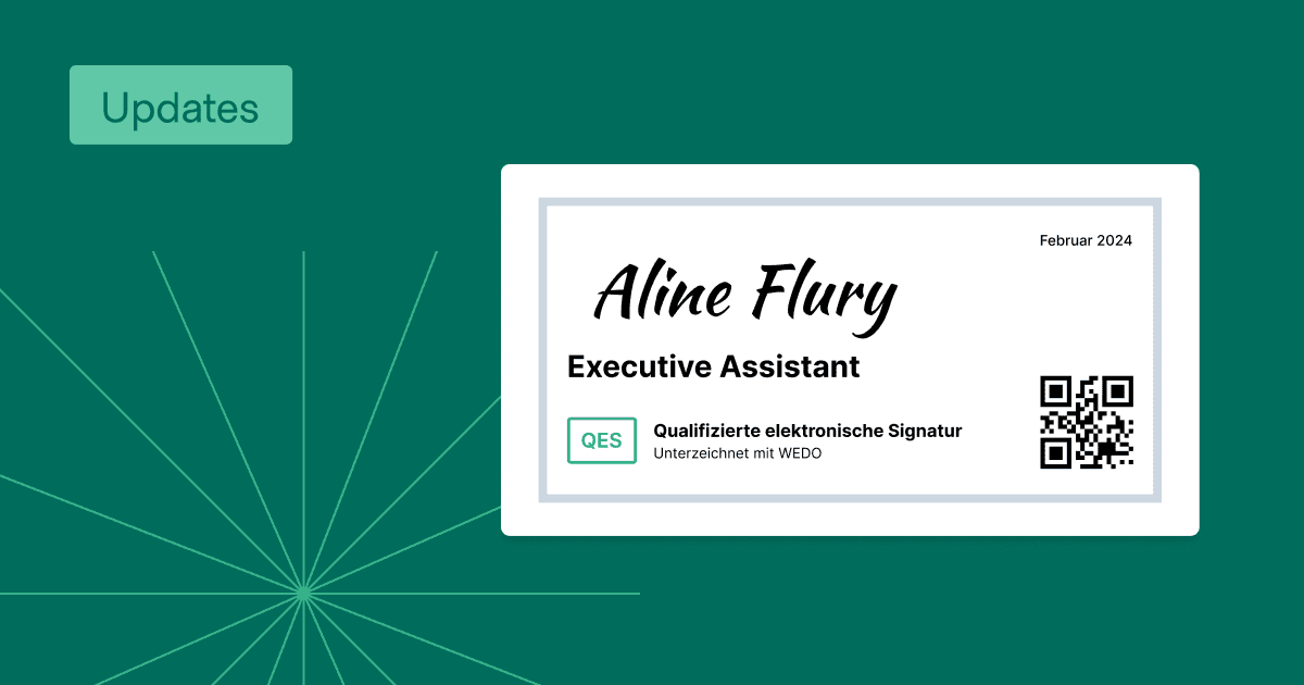 Digitale Signaturkarte für Vorstandsassistentin Aline Flury mit QR-Code und Badge für eine qualifizierte elektronische Signatur.