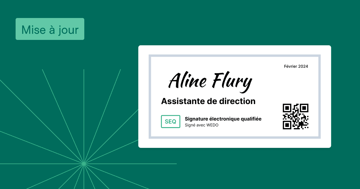 Carte de signature électronique pour l'assistante de direction Aline Flury avec un code QR et un badge de signature électronique qualifiée.