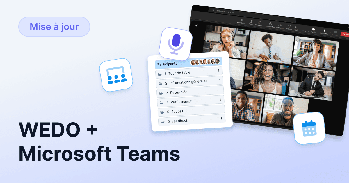 Graphique intitulé « WEDO + Microsoft Teams ». Montre une visioconférence avec plusieurs participants, des points à l’ordre du jour WEDO et des icônes de micro, calendrier et réunion.