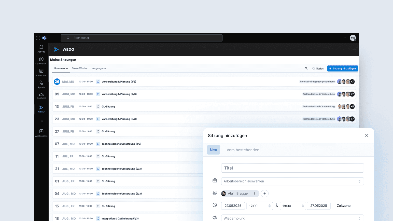 Screenshot der WEDO-App in Microsoft Teams. Liste geplanter Sitzungen mit Datum, Status und Teilnehmenden sowie Formular zum Hinzufügen einer neuen Sitzung.