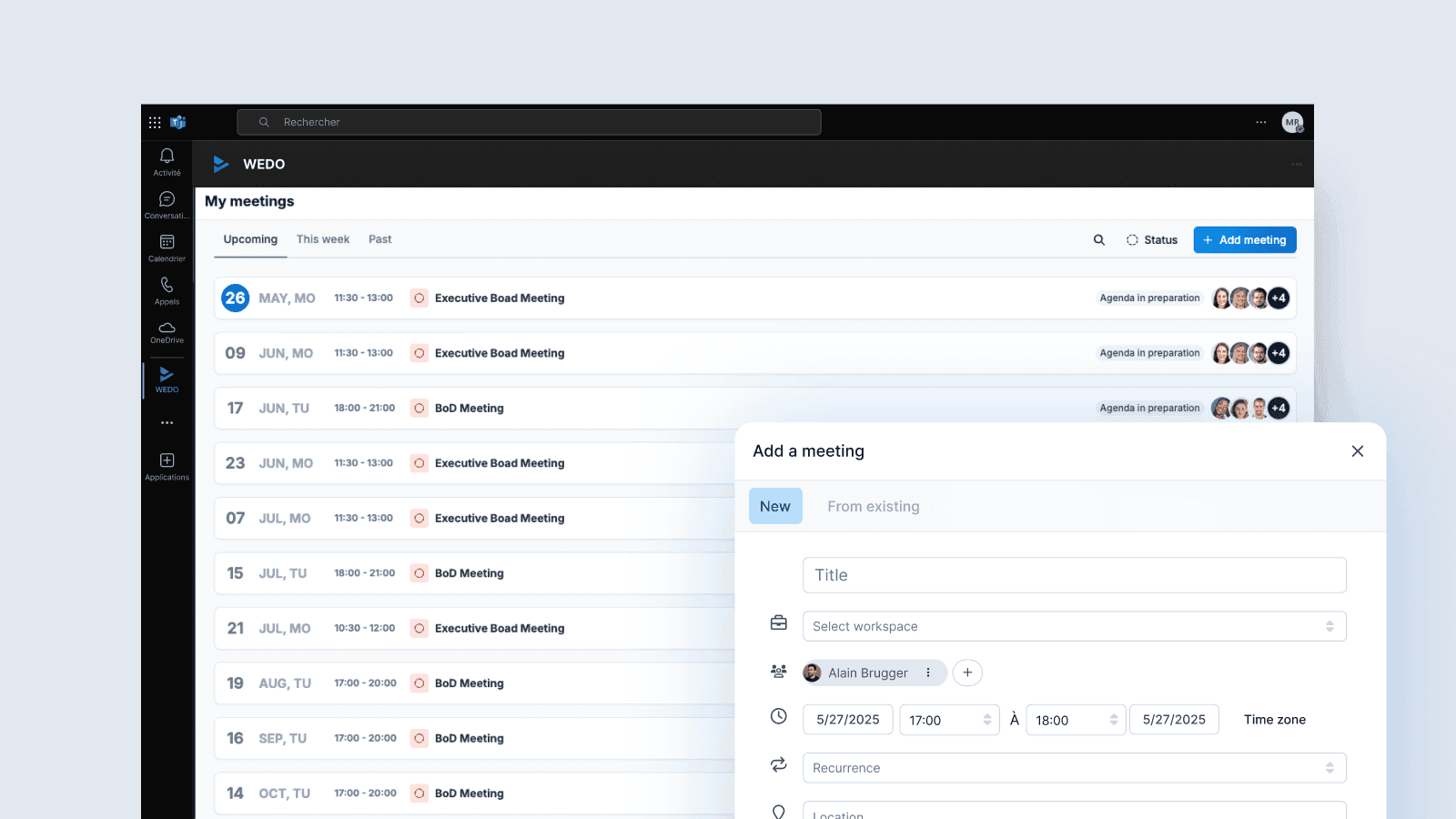 Screenshot of the WEDO app in Microsoft Teams showing a list of upcoming meetings with date, status, and participants, plus a form to add a new meeting.