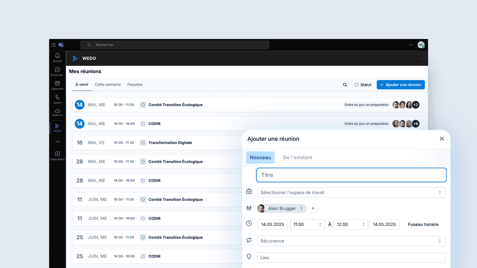 Capture d’écran de l’application WEDO dans Microsoft Teams affichant la liste des réunions à venir avec la date, le statut et les participants, ainsi qu’un formulaire pour ajouter une nouvelle réunion.