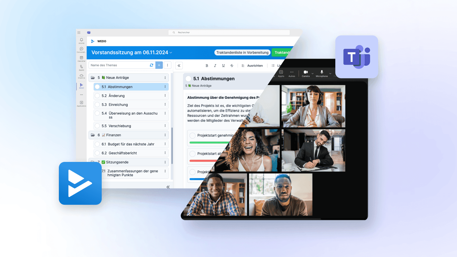 Darstellung der Integration zwischen WEDO und Microsoft Teams. Links die WEDO-Oberfläche mit Tagesordnung, rechts eine laufende Videokonferenz in Teams.