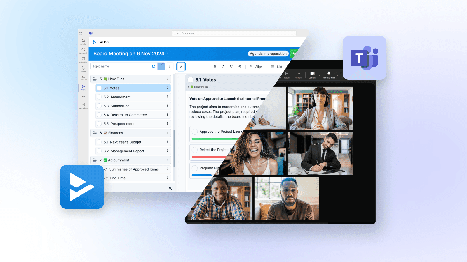 Illustration showing the integration between WEDO and Microsoft Teams. On the left, the WEDO interface with agenda items; on the right, an active Teams video meeting.