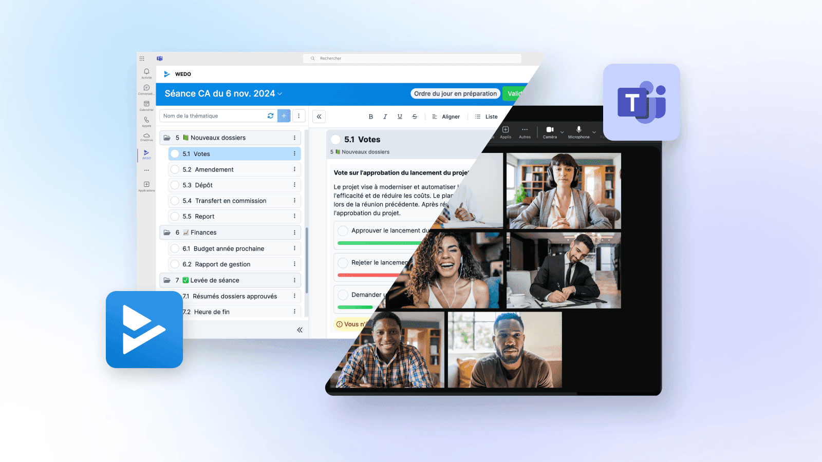 Illustration montrant l’intégration entre WEDO et Microsoft Teams. À gauche, l’interface WEDO avec l’ordre du jour ; à droite, une visioconférence en cours dans Teams.